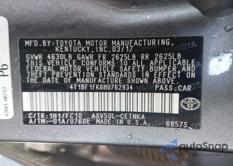 2017 Toyota Camry Le из США, поврежденный, VIN 4T1BF1FK6HU762934